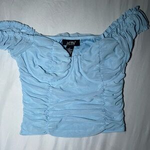 light blue off the shoulder rouched top